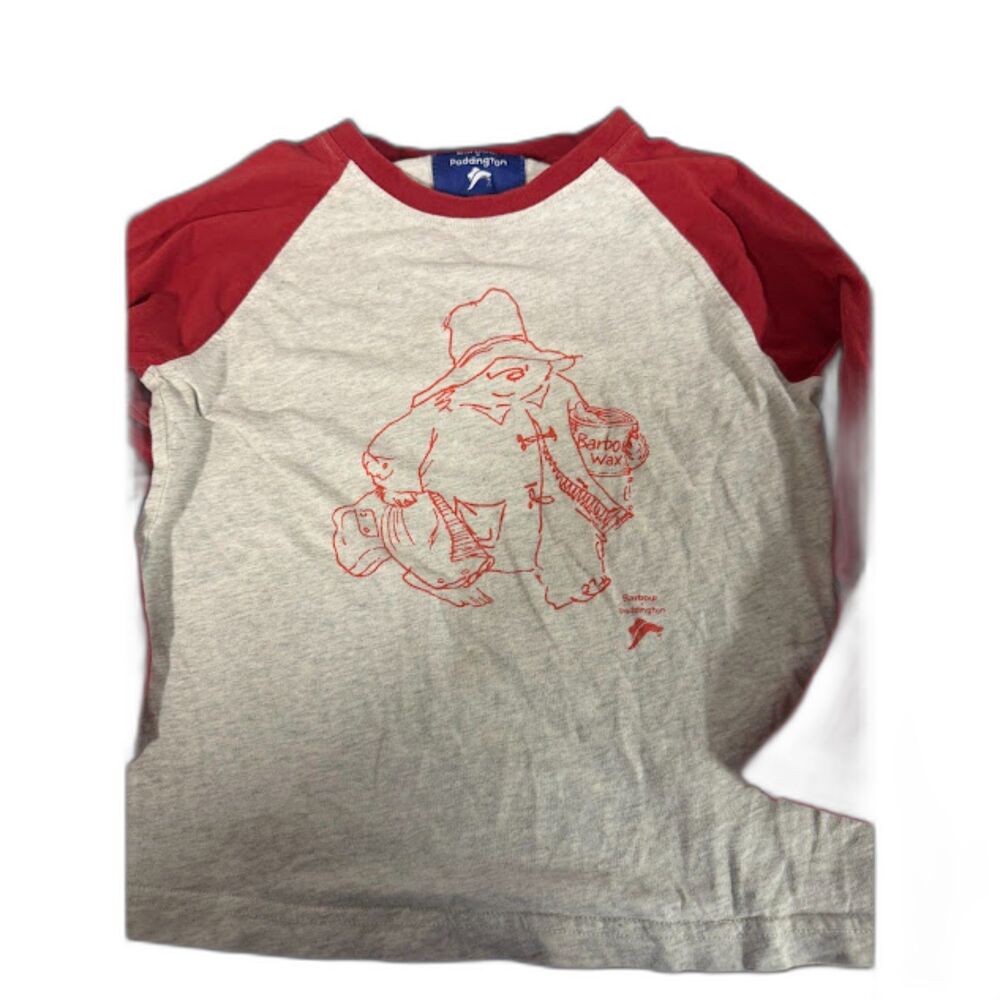 Barbour x Paddington Children's Shirt Cotton Baseball Tee Size XS 4/5 Red Gray